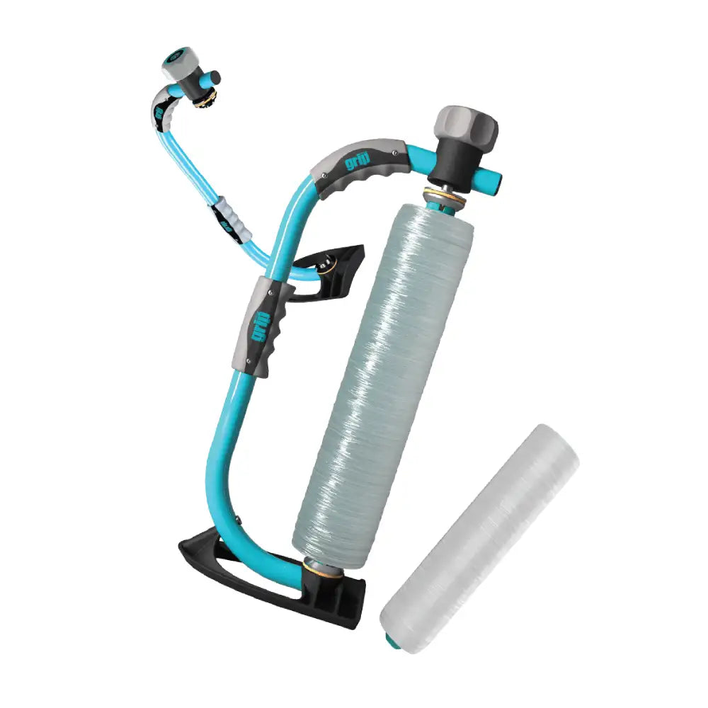 Grip Pallet wrap and pallet wrap dispenser in blue on a white background